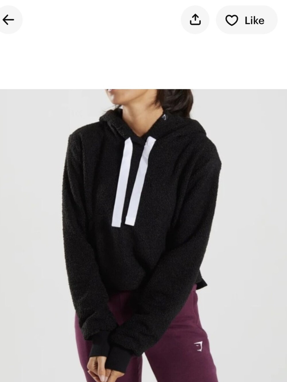 Gymshark Black Cropped Sherpa Hoodie with White Drawcords